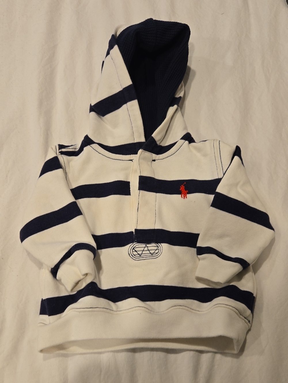 Ralph Lauren Kids Hooded Stripe Sweatshirt - White, Navy & Red Pony 6Mo